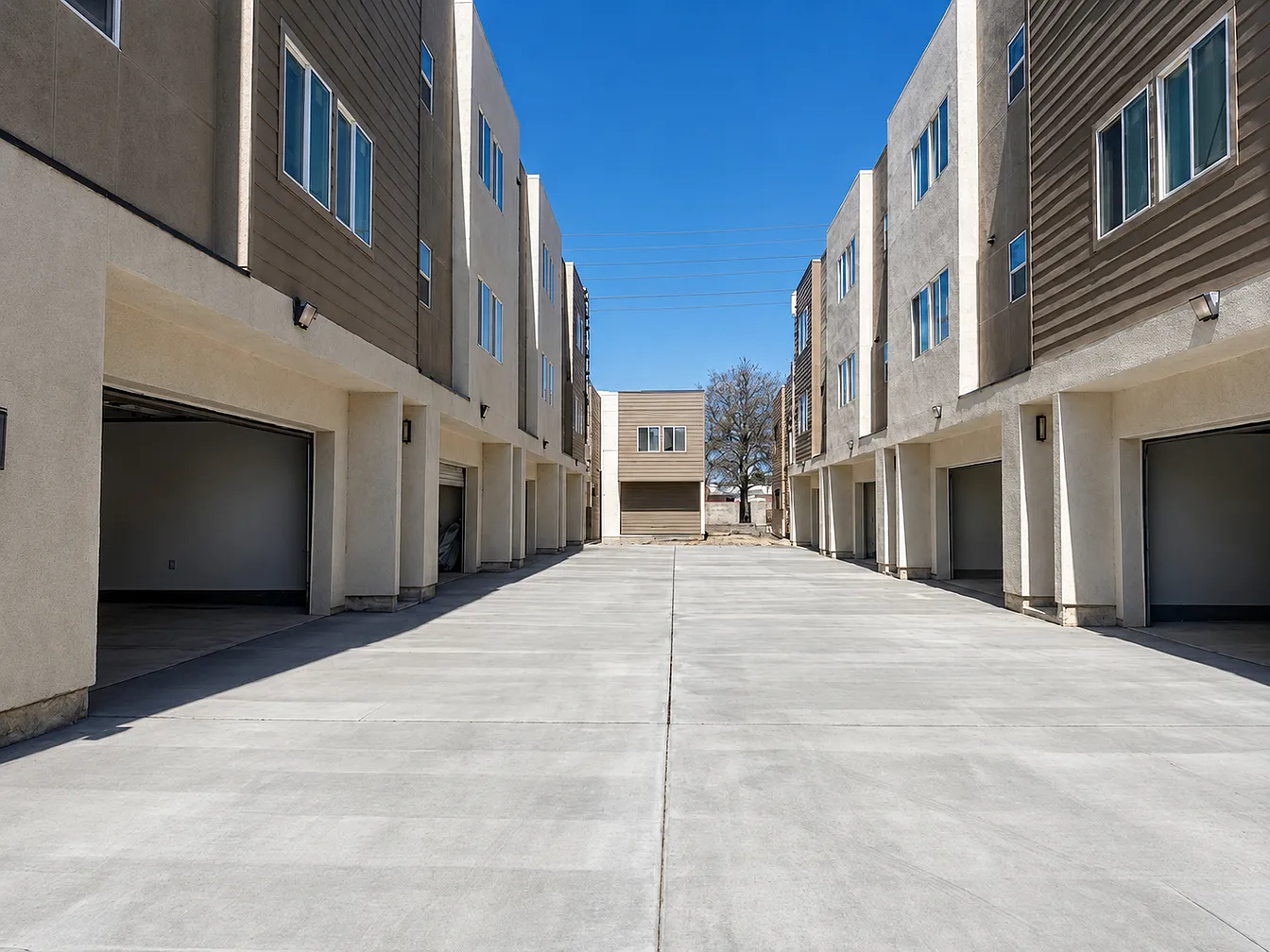 Looking down the private drive between the townhome buildings