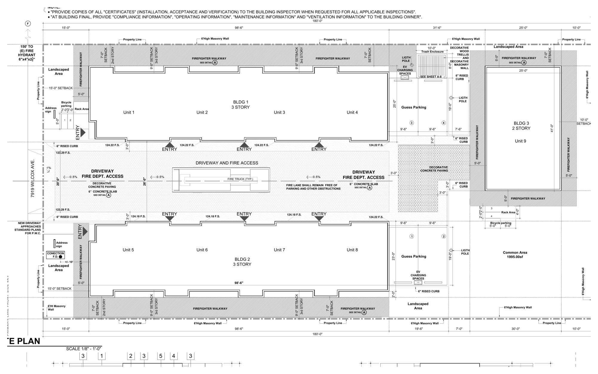 Site plan showing the three buildings, driveway and parking